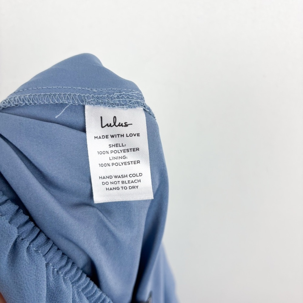 Lulu’s Stun with Elegance Slate Blue Ruffled Tie-Back Wide-Leg Jumpsuit Sz L - Picture 10 of 11